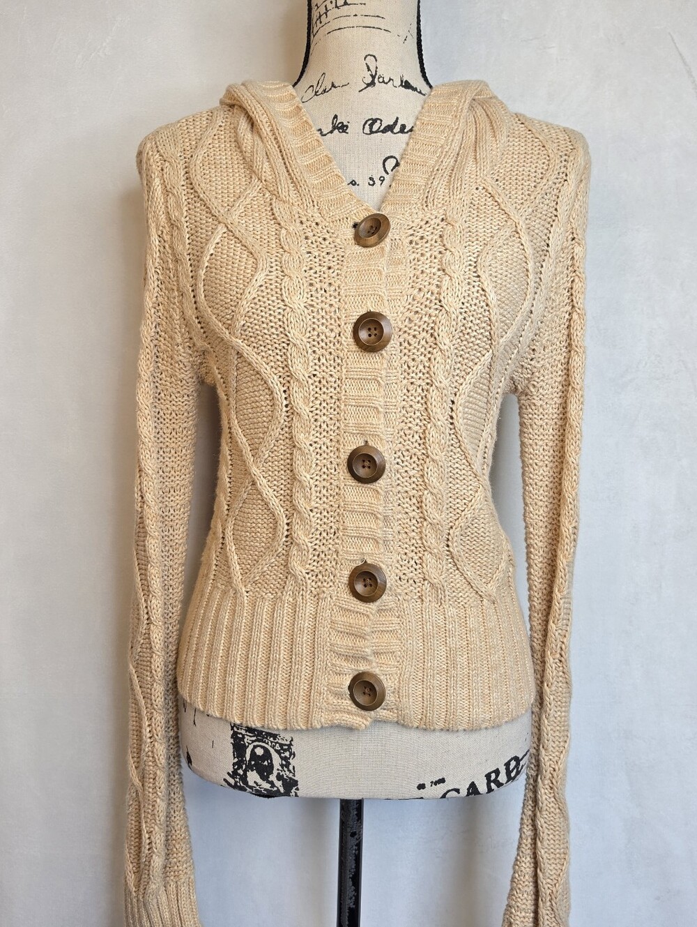 Aeropostale Cable Knit Chunky Cardigan Sweater Hooded Beige Tan Size M Y2k